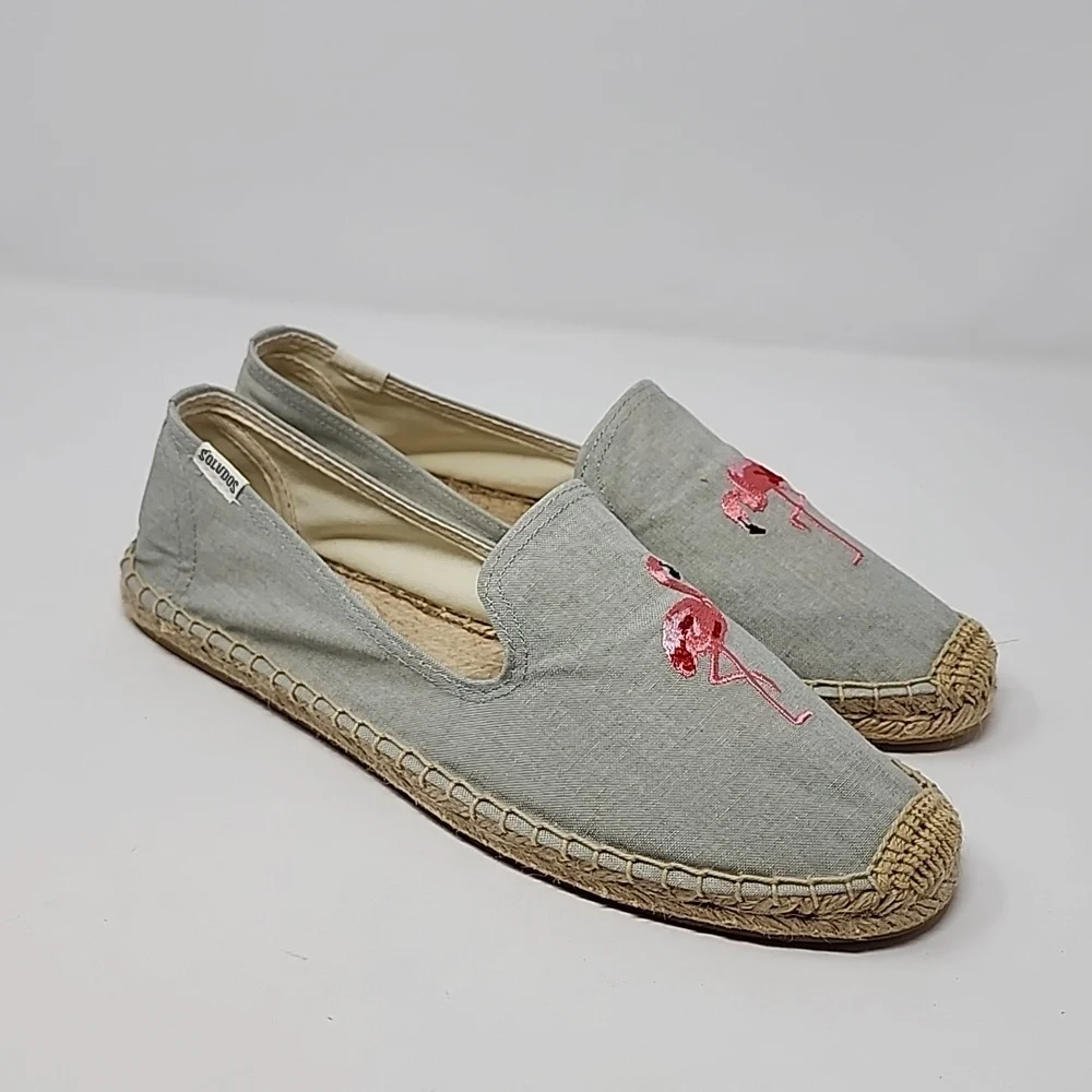 Soludos Embroidered Flamingo Chambray Espadrilles Size 10
